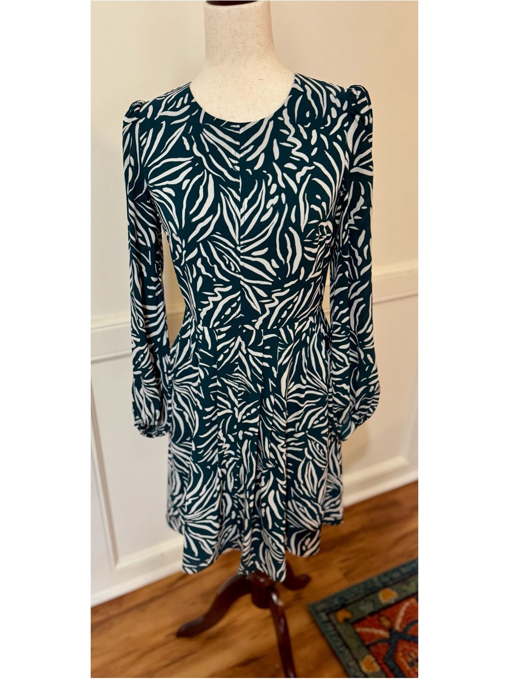 Eliza J Teal and White Long-Sleeve Printed Dress